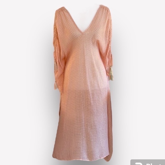 🛼🍕Maxi Dress Caftan Peachy Pink Gold Stripe Metallic America & Beyond one size - Picture 1 of 8
